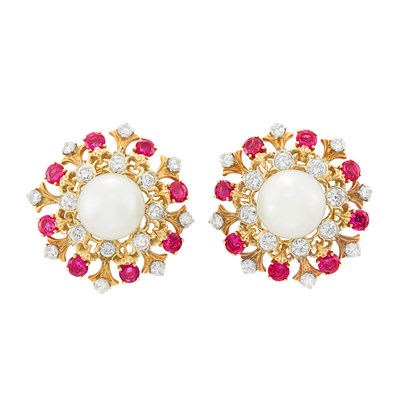 Lot 338 - Pair of Two-Color Gold, South Sea Cultured Pearl, Diamond and Ruby Earclips, David Webb