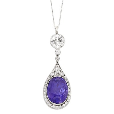 Lot 242 - Platinum, Color-Change Sapphire and Diamond Pendant with Low Karat White Gold Chain Necklace