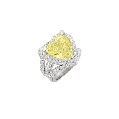 Lot 55 - Platinum, Undetermined Fancy Intense Yellow Diamond and Diamond Ring