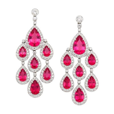 Lot 219 - Pair of Platinum, Rubellite and Diamond Pendant-Earrings