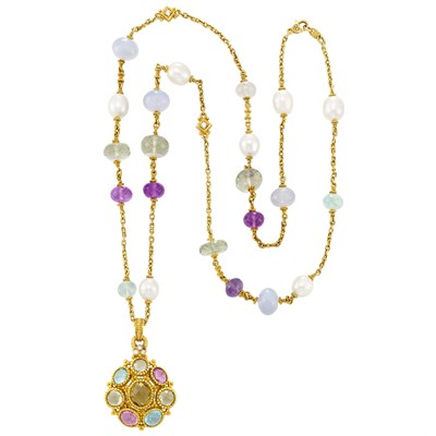 Lot 208 - Long Gold, Freshwater Pearl, Gem-Set Bead, Gem-Set and Diamond Pendant-Necklace, Judith Ripka