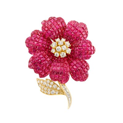 Lot 281 - Gold, Diamond and Invisibly-Set Ruby Flower Clip-Brooch