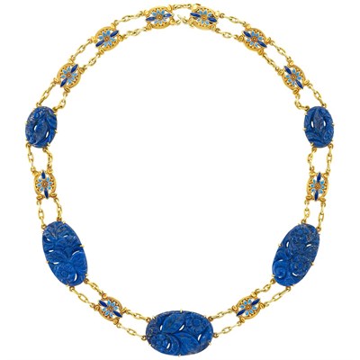 Lot 99 - Antique Gold, Carved Lapis and Enamel Necklace