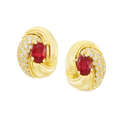Lot 329 - Pair of Gold, Ruby and Diamond Earrings, Henry Dunay