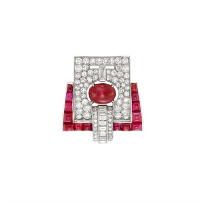Lot 351 - Platinum, Cabochon Ruby and Diamond Clip