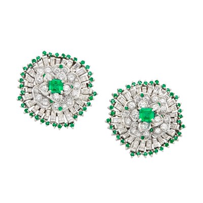 Lot 157 - Pair of Platinum, Emerald and Diamond Flower Earrings