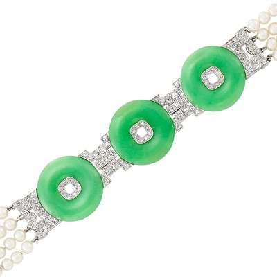 Lot 246 - Four Strand Cultured Pearl, White Gold, Jade and Diamond Bracelet