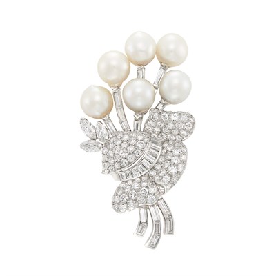 Lot 245 - White Gold, Diamond and Semi-Baroque Cultured Pearl Clip-Brooch
