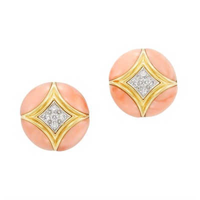 Lot 261 - Pair of Gold, Platinum, Angel Skin Coral and Diamond Earclips, Van Cleef & Arpels