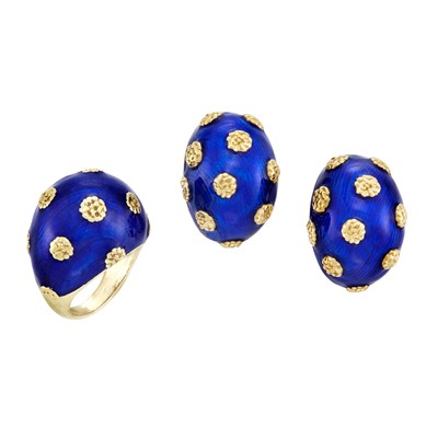 Lot 263 - Pair of Gold and Blue Enamel Earclips and Dome Ring, Van Cleef & Arpels