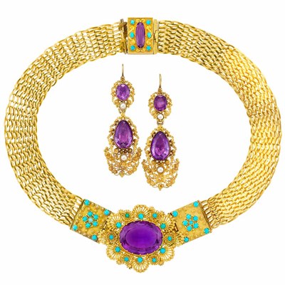 Lot 96 - Antique Gold, Amethyst and Turquoise Necklace and Pair of Cannetille Gold, Amethyst and Split Pearl Pendant-Earrings