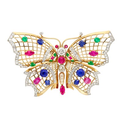 Lot 163 - Gold, Platinum, Gem-Set, Freshwater Pearl and Diamond Butterfly Clip, France