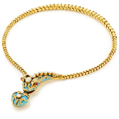 Lot 97 - Antique Two-Color Gold, Turquoise Enamel and Split Pearl Snake Necklace