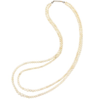 Lot 237 - Double Strand Natural Pearl Necklace with Platinum, Gold and Diamond Clasp