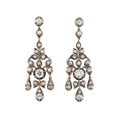 Lot 93 - Two Pairs of Antique Silver, Gold and Diamond Pendant-Earclips and Earrings
