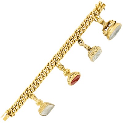 Lot 174 - Gold and Antique Hardstone Intaglio Watch Fob Seal Charm Bracelet