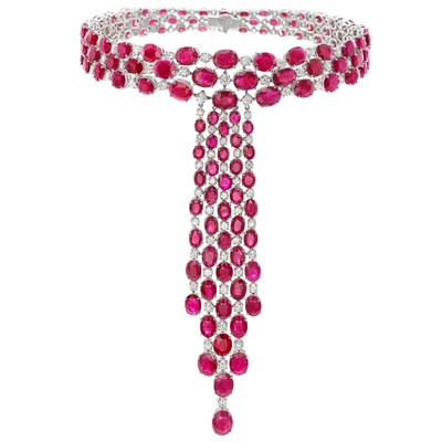 Lot 147 - White Gold, Ruby and Diamond Choker Fringe Necklace