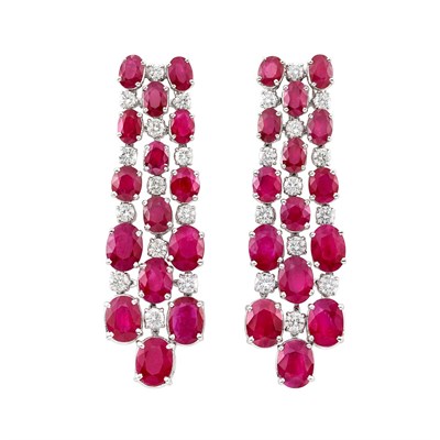 Lot 145 - Pair of White Gold, Ruby and Diamond Fringe Earrings
