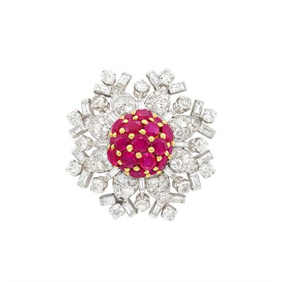 Lot 377 - Platinum, Gold, Ruby and Diamond Snowflake Clip-Brooch