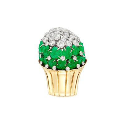 Lot 168 - Gold, Platinum, Carved Emerald and Diamond Clip-Brooch, Gubelin