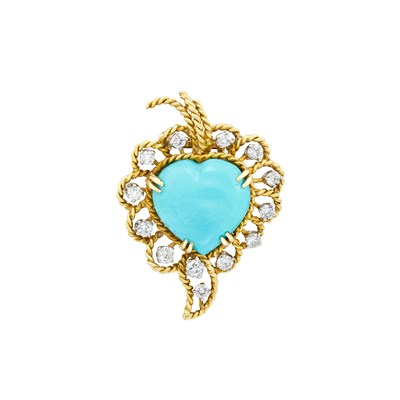 Lot 316 - Gold, Platinum, Turquoise and Diamond Clip-Brooch, Van Cleef & Arpels