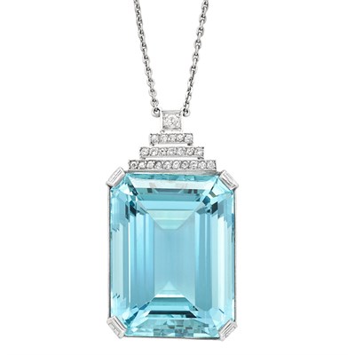 Lot 357 - Platinum, Aquamarine and Diamond Pendant with White Gold Chain Necklace