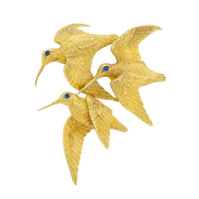 Lot 198 - Gold and Cabochon Sapphire Bird Clip-Brooch, Hermes, France