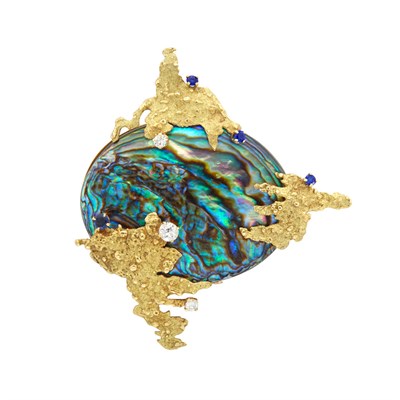 Lot 323 - Gold, Abalone Pearl, Diamond and Sapphire Clip-Brooch, Mellerio, France