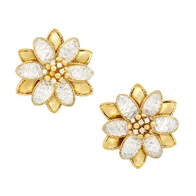 Lot 199 - Pair of Gold, Carved Rock Crystal and Diamond Flower Clip-Brooches, Sabbadini