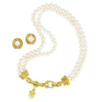 Lot 210 - Double Strand Cultured Pearl, Gold and Diamond Necklace and Pair of Gold, Mabe Pearl and Diamond Earrings, Judith Ripka