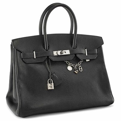 Lot 133 - Black Leather and White Metal Birkin Handbag with Silver Charms, Hermes, Paris