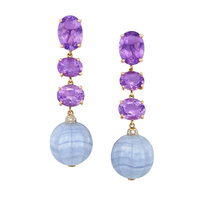 Lot 45 - Pair of Gold, Amethyst, Fluted Blue Lace Agate Bead and Diamond Pendant-Earclips