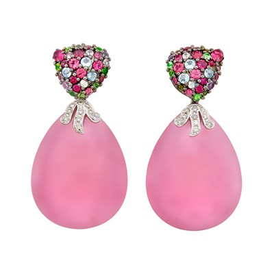 Lot 48 - Pair of Blackened and White Gold, Gem-Set, Diamond and Pink Tourmaline Pendant-Earrings