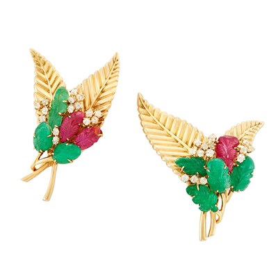 Lot 165 - Pair of Gold, Carved Emerald and Ruby and Diamond Brooches