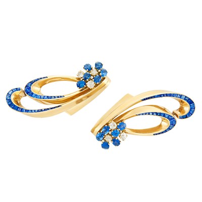 Lot 167 - Pair of Gold, Sapphire and Diamond Clip-Brooches