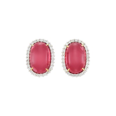 Lot 221 - Pair of White Gold, Cabochon Rubellite and Diamond Earclips