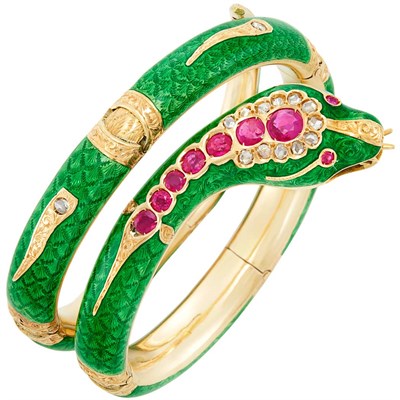 Lot 181 - Antique Gold, Enamel, Ruby and Diamond Snake Bangle Bracelet