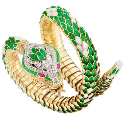 Lot 191 - Two-Color Gold, Green Enamel, Diamond and Ruby Snake Bracelet