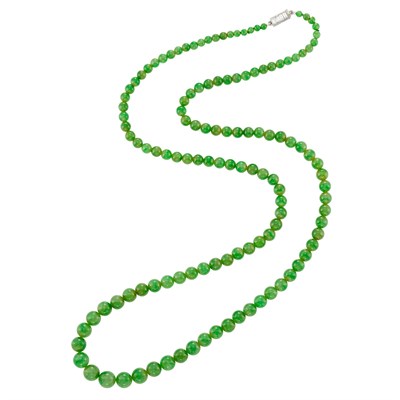 Lot 348 - Long Jade Bead Necklace with Platinum and Diamond Clasp, Boucheron, Paris