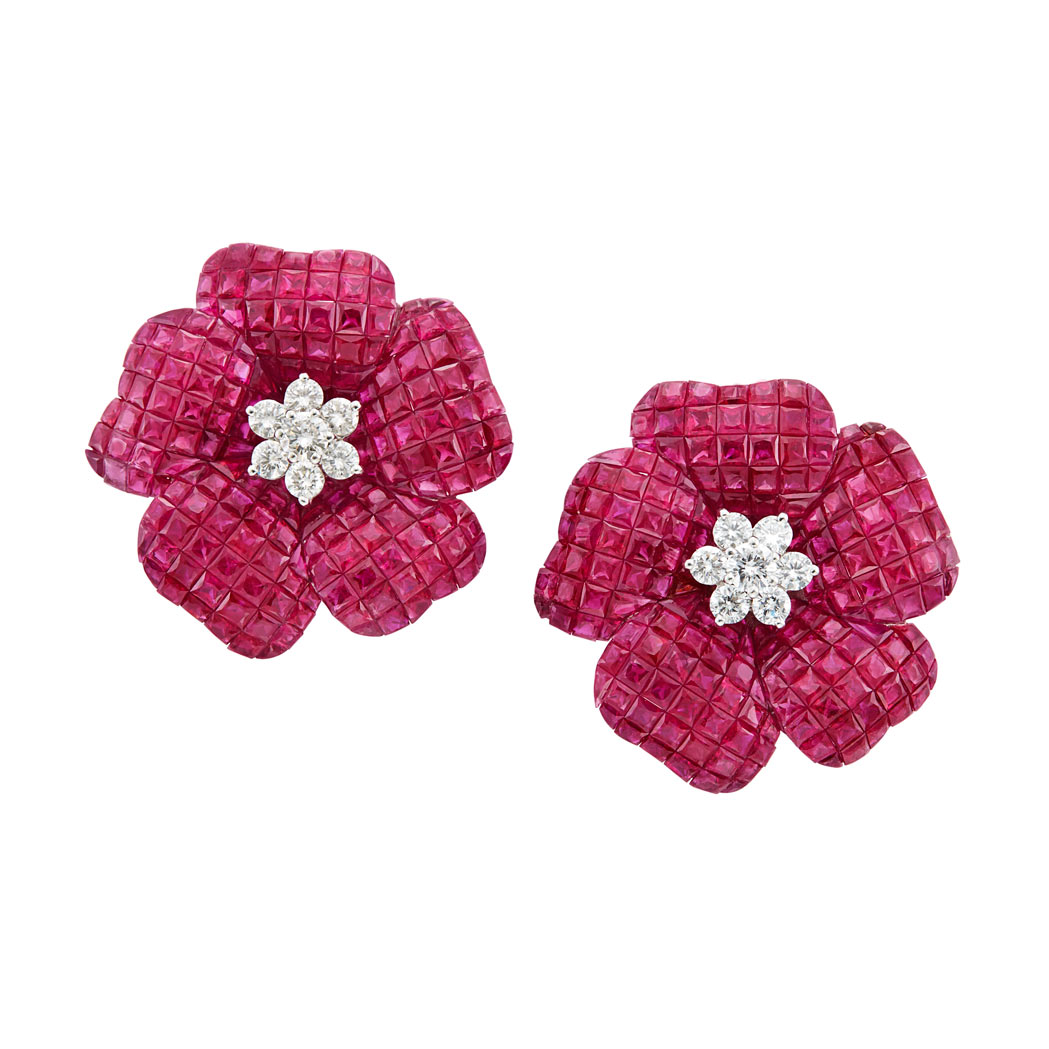 Lot 215 - Pair of White Gold, Invisibly-Set Ruby and Diamond Flower Earclips