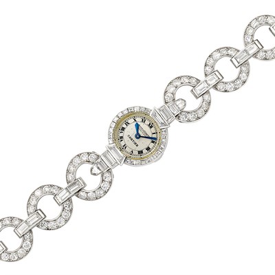 Lot 359 - Platinum, White Gold and Diamond Wristwatch, Cartier, Jaeger LeCoultre