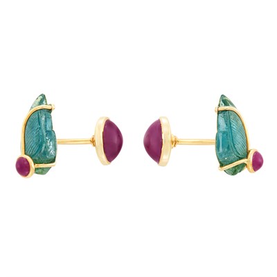 Lot 103 - Pair of Gold, Carved Aquamarine and Cabochon Ruby Cufflinks, Seamen Schepps