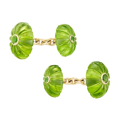 Lot 109 - Pair of Gold, Carved Peridot and Peridot Cufflinks, Seamen Schepps