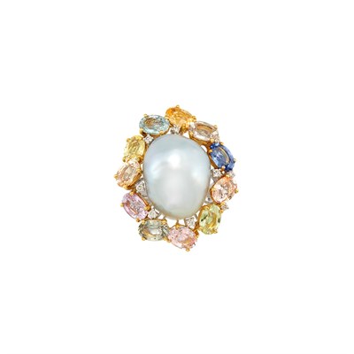 Lot 209 - Two-Color Gold, Baroque Cultured Pearl, Multicolored Sapphire and Diamond Ring