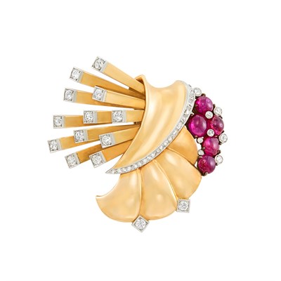Lot 166 - Gold, Platinum, Silver, Cabochon Ruby and Diamond Clip-Brooch, Trabert & Hoeffer, Mauboussin