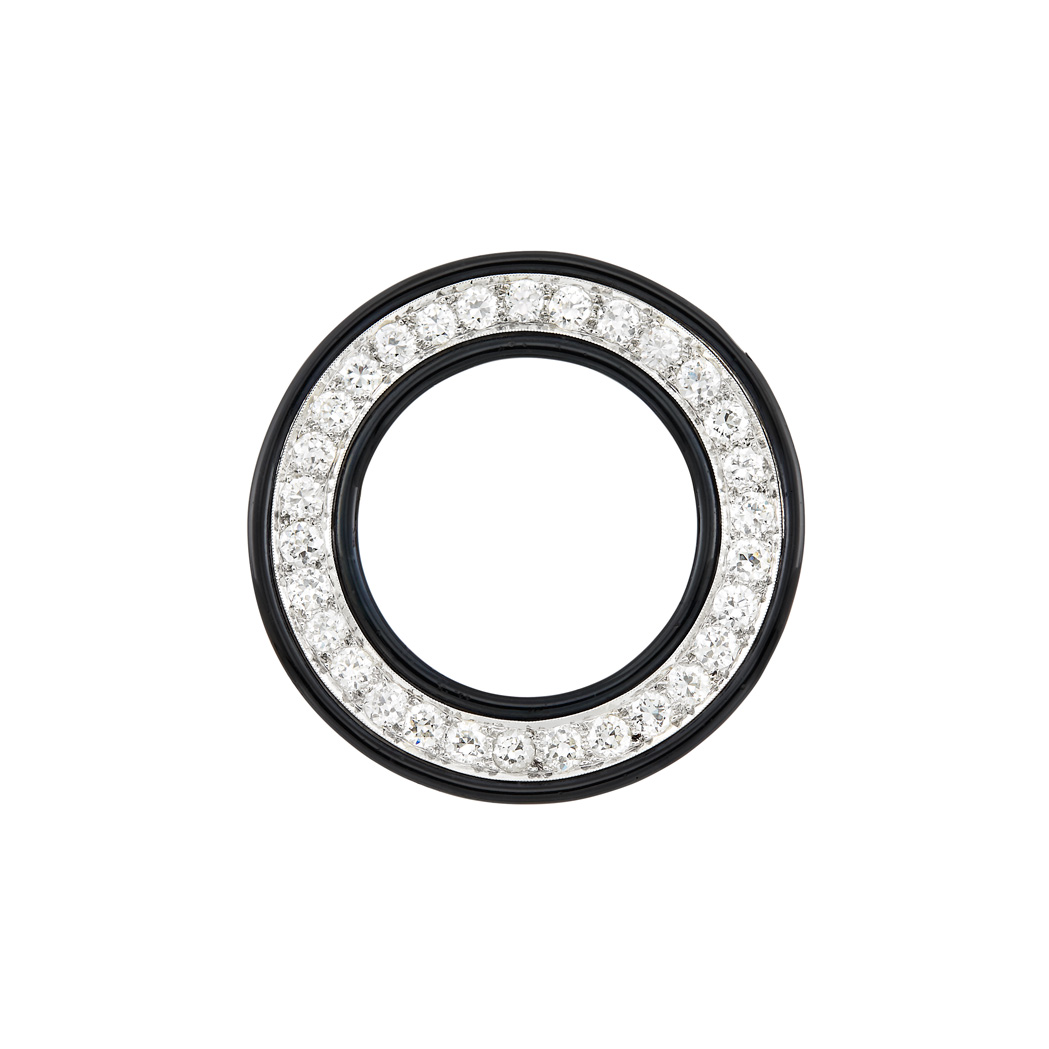 Lot 232 - Art Deco Platinum, Black Enamel and Diamond Circle Pin