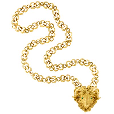 Lot 314 - Gold and Emerald Ram's Head Pendant-Brooch, Boris LeBeau, with Long Link Necklace