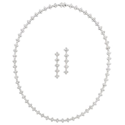 Lot 290 - Platinum and Diamond 'Sunburst Lace' Necklace and Pair of '5 Drop' Pendant-Earrings, Tiffany & Co.