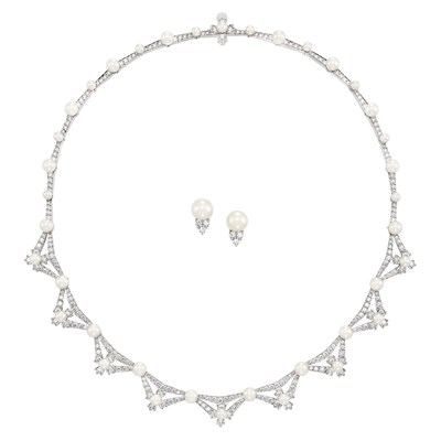 Lot 289 - Platinum, Cultured Pearl and Diamond 'Lattice' Necklace and Pair of Earrings, Tiffany & Co.