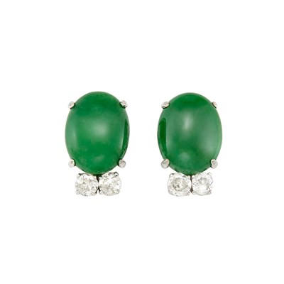 Lot 349 - Pair of White Gold, Jade and Diamond Earrings